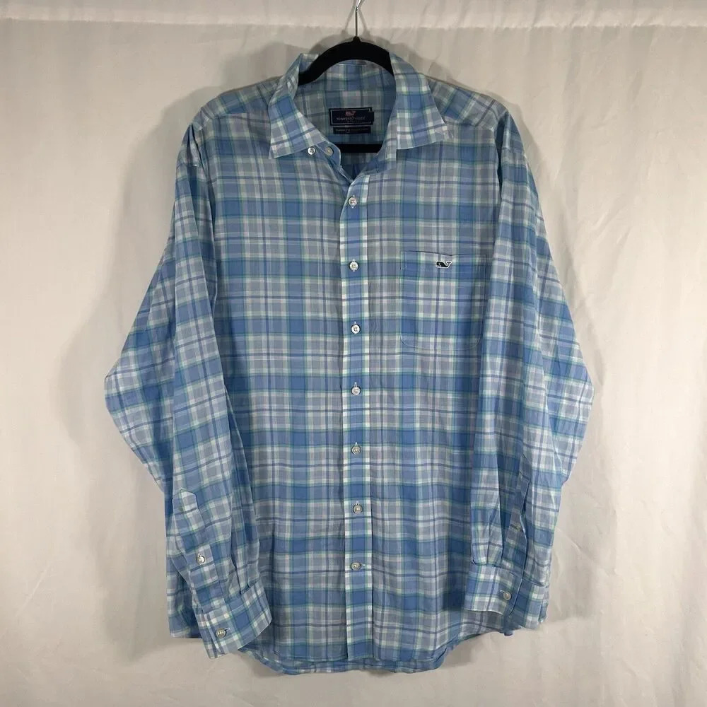 Vineyard Vines Dress Shirt Men's Large Blue Plaid Button Up Long Sleeve Tucker